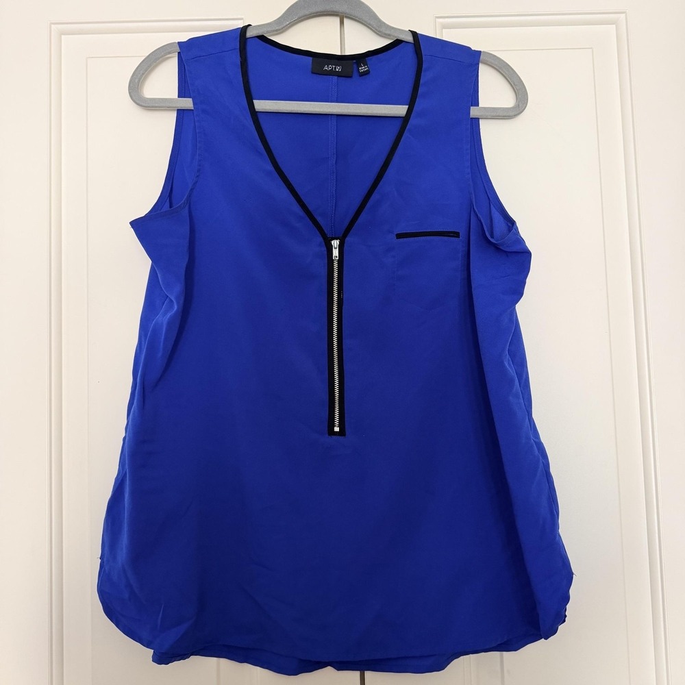 APT.9 Tank Top Womens L Blue V Neck Zip Front Sleeveless Tunic Blouse Top